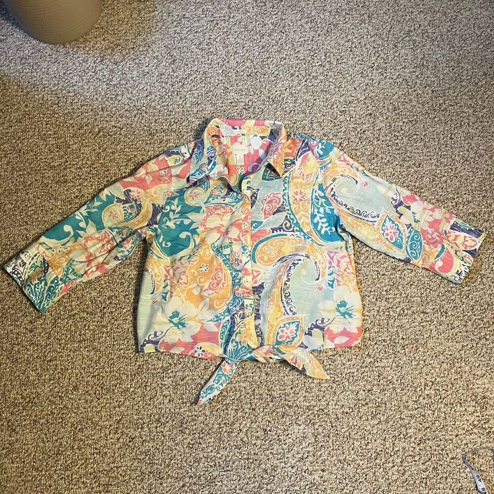 Chicos Colorful Tie Waist Blouse Top Size 2 (US L) Button Up No Iron Beachy Fun